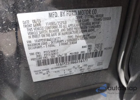 2006 Ford Five Hundred Se from USA, damaged, VIN 1FAFP23186G116171